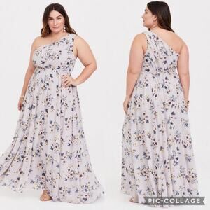 Torrid Grey Floral One-Shoulder Chiffon Maxi Dress Sz 10S Wedding Guest Cocktail